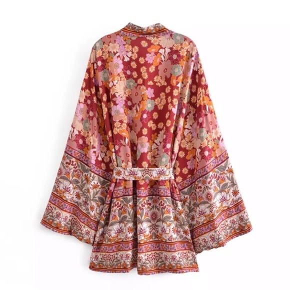 Wine Floral Bohemian Short Floral Kimono Wrap Top - Picture 2 of 12